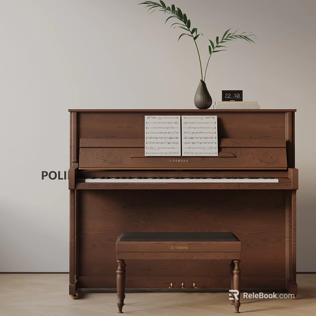 Classic Brown Wooden Piano With Music Sheets And Matching Bench Interior Decor 3d model 