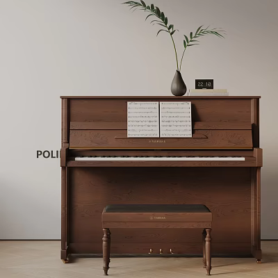 Classic Brown Wooden Piano With Music Sheets And Matching Bench Interior Decor 3d model