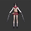 Game Movie Character With Short Black Hair Red Scarf Red Plaid Skirt And Dual Guns