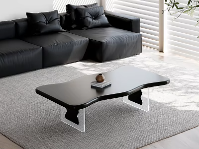 Black Irregular Coffee Table With Transparent Legs And Black Leather Sofa Cushions 3d model