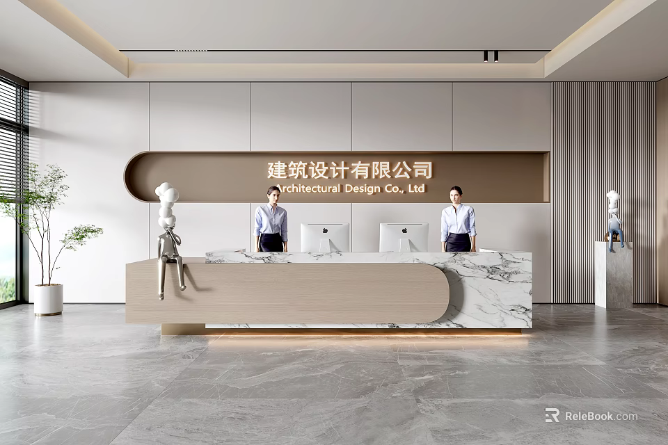 Modern Front Desk Reception Area For Architectural Design Company With Marble Countertop And Staff Members 3d model 