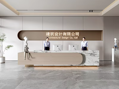 Modern Front Desk Reception Area For Architectural Design Company With Marble Countertop And Staff Members 3d model