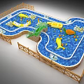 Wooden Boat In Playful Water Pool With Yellow Boats Green Bridge Fence And Colorful Balls