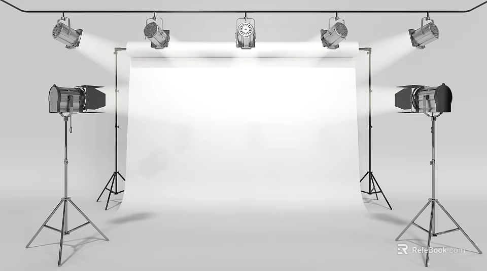 Professional Photography Studio Setup With White Background And Lighting Equipment Stands 3d model 