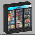 Double Door Commercial Display Refrigerator With Assorted Beverages Food Items Black Exterior Blue Top Lighting