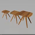 Three Wooden Stools With Curved Seats Slender Legs Wood Grain And Reflections On Dark Background