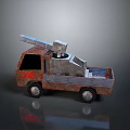Rusty Toy Truck Featuring Red Flame Design And Mechanical Device In Bed