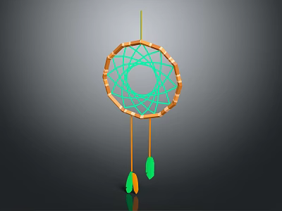 Bohemian Jewelry Dreamcatcher with Wooden Frame Green Web and Orange Feathers 3d model