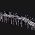 Industrial Metal Railing Bridge Structure With Wooden Planks And Concrete Supports