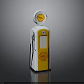 Vintage Shell Gas Pump Model in White and Yellow with Logo and Fuel Nozzle