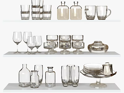 Transparent Glass Tableware Set Including Wine Glasses Mugs Bottles Plates And Bowls On Shelves 3d model