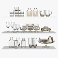 Transparent Glass Tableware Set Including Wine Glasses Mugs Bottles Plates And Bowls On Shelves