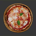 Delicious Fresh Pizza With Tomato Sauce Melted Cheese And Basil Leaves On Wooden Board