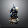 Man In Blue Robe Pointed Hat With White Beard Holding Glowing Staff On Rock Base