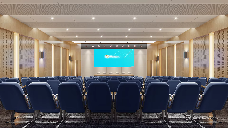 Conference Room Interior With Blue Chairs Large Screen Ceiling Lights And Wooden Accents 3d model 