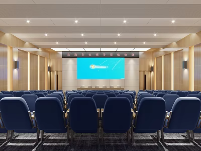 Conference Room Interior With Blue Chairs Large Screen Ceiling Lights And Wooden Accents 3d model
