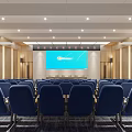 Conference Room Interior With Blue Chairs Large Screen Ceiling Lights And Wooden Accents