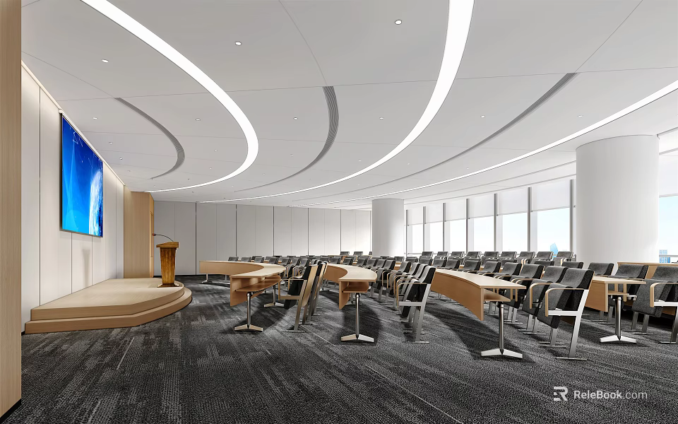 Large Conference Room With Projection Screen Lectern Neatly Arranged Seats Large Windows And Curved Lighting 3d model 