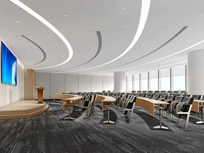 Large Conference Room With Projection Screen Lectern Neatly Arranged Seats Large Windows And Curved Lighting 3d model