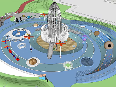 Colorful Children's Playground With Rocket Tower Slides Climbing Nets And Circular Areas 3d model