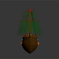 Brown Wooden Toy Pirate Ship with Green Sails Tall Mast and Colorful Decorative Elements