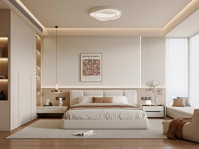 Modern Bedroom Interior With Large Bed Nightstands Hanging Lamp Decorative Painting And Soft Rug 3d model