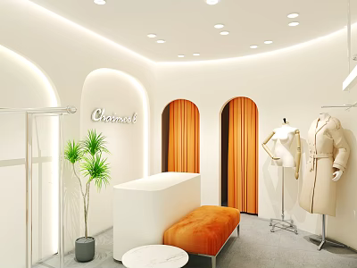 Fashion Clothing Store Interior With Arched Doors Orange Curtains Mannequins Coats Orange Bench Green Plant 3d model