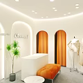 Fashion Clothing Store Interior With Arched Doors Orange Curtains Mannequins Coats Orange Bench Green Plant