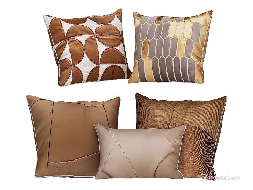 Modern Decorative Throw Pillows with Brown Beige Tones Geometric Patterns and Textured Stitched Details 3d model 