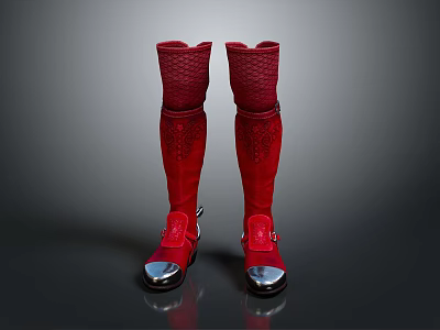 Knee High Red Boots With Textured Material Metallic Toe Caps And Buckle Details 3d model