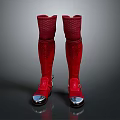 Knee High Red Boots With Textured Material Metallic Toe Caps And Buckle Details