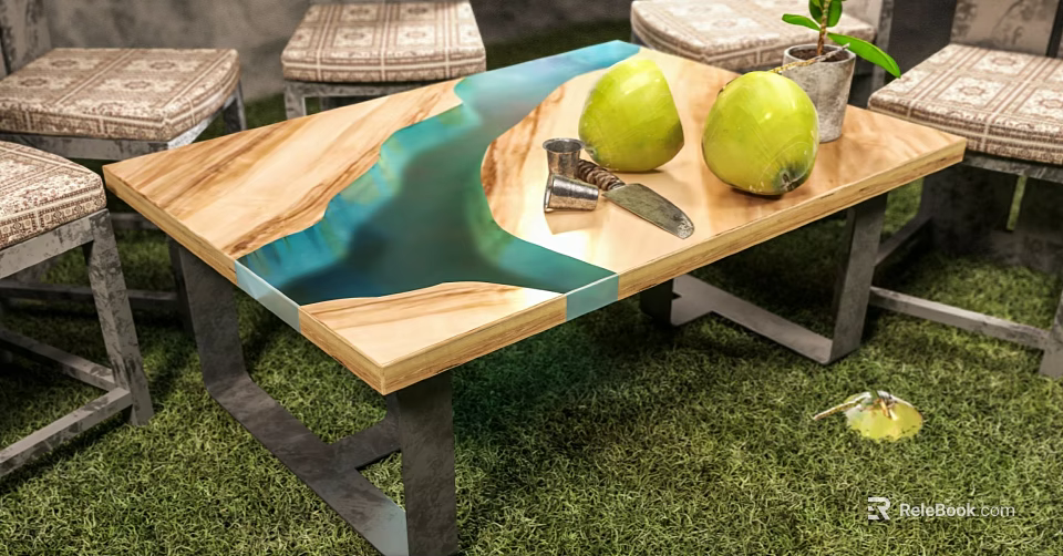 Modern Wooden Coffee Table With Epoxy Resin Top Metal Legs Avocados And Potted Plant 3d model 