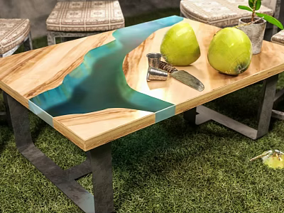 Modern Wooden Coffee Table With Epoxy Resin Top Metal Legs Avocados And Potted Plant 3d model