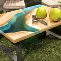 Modern Wooden Coffee Table With Epoxy Resin Top Metal Legs Avocados And Potted Plant