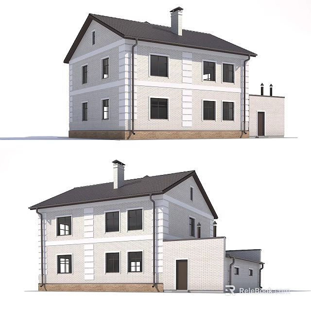 Two Story White Detached House With Black Roof Multiple Windows And Chimney 3d model 
