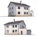 Two Story White Detached House With Black Roof Multiple Windows And Chimney