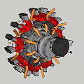 Radial Aircraft Engine With Multiple Red Gray Cylinders And Mechanical Parts 3d model