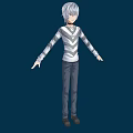 White Haired Man Wearing Gray White Striped Shirt Dark Pants Arms Outstretched Dark Blue Background