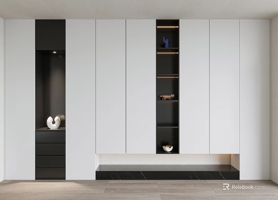 Modern Shoe Cabinet With White And Black Panels Open Shelves And Storage Space 3d model 