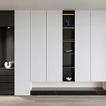 Modern Shoe Cabinet With White And Black Panels Open Shelves And Storage Space