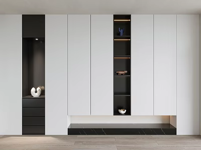Modern Shoe Cabinet With White And Black Panels Open Shelves And Storage Space 3d model