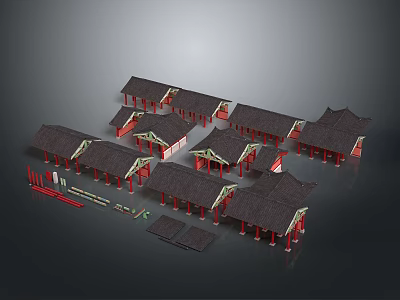 Traditional Chinese Architecture 3D Model With Black Roofs Red Pillars And Various Structures 3d model