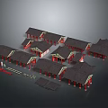 Traditional Chinese Architecture 3D Model With Black Roofs Red Pillars And Various Structures