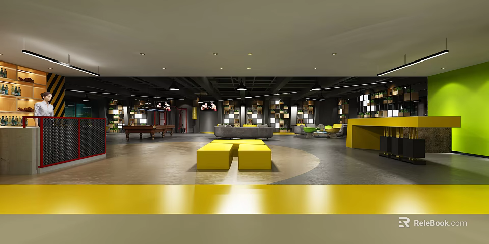 Modern Club Lounge Interior With Yellow Benches Open Space And Gray Floor 3d model 