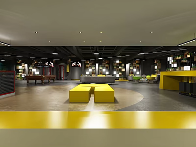 Modern Club Lounge Interior With Yellow Benches Open Space And Gray Floor 3d model