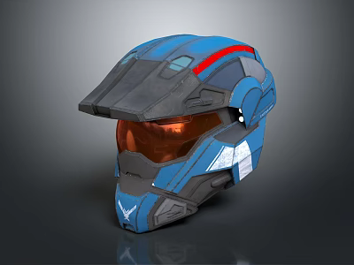 Futuristic Blue Combat Helmet With Red Stripe And Orange Visor Design 3d model