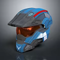 Futuristic Blue Combat Helmet With Red Stripe And Orange Visor Design