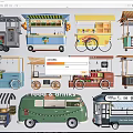 Colorful Various Designed Mobile Food And Drink Carts With Canopies Wheels And Display Shelves
