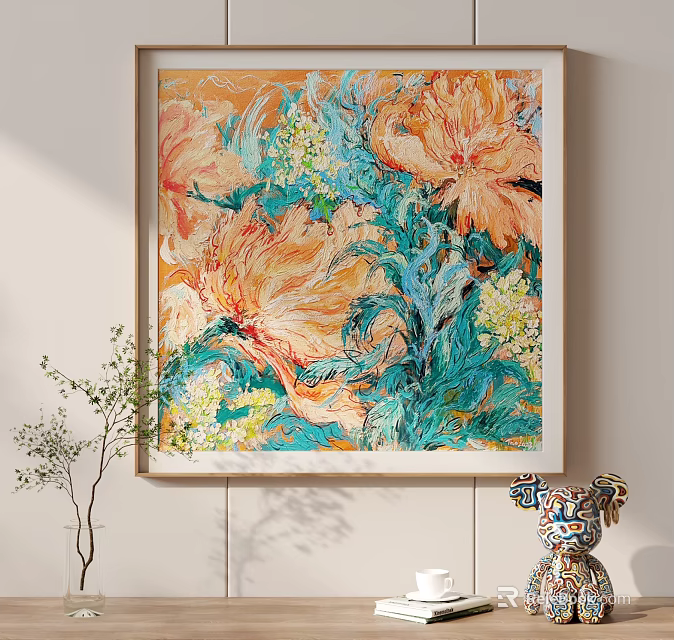 Abstract Painting With Vibrant Floral Design Orange Blue Blooms Green Foliage And White Frame 3d model 