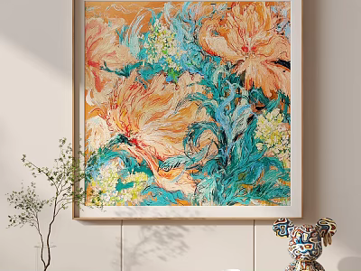 Abstract Painting With Vibrant Floral Design Orange Blue Blooms Green Foliage And White Frame 3d model